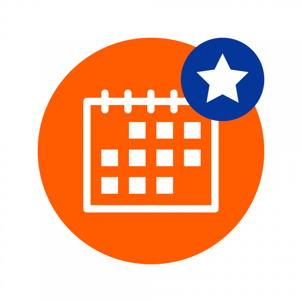 Icon eines Kalenders auf einem orangefarbenem Kreis. Rechts oben ist ein kleinerer blauer Kreis mit weißem Stern abgebildet.