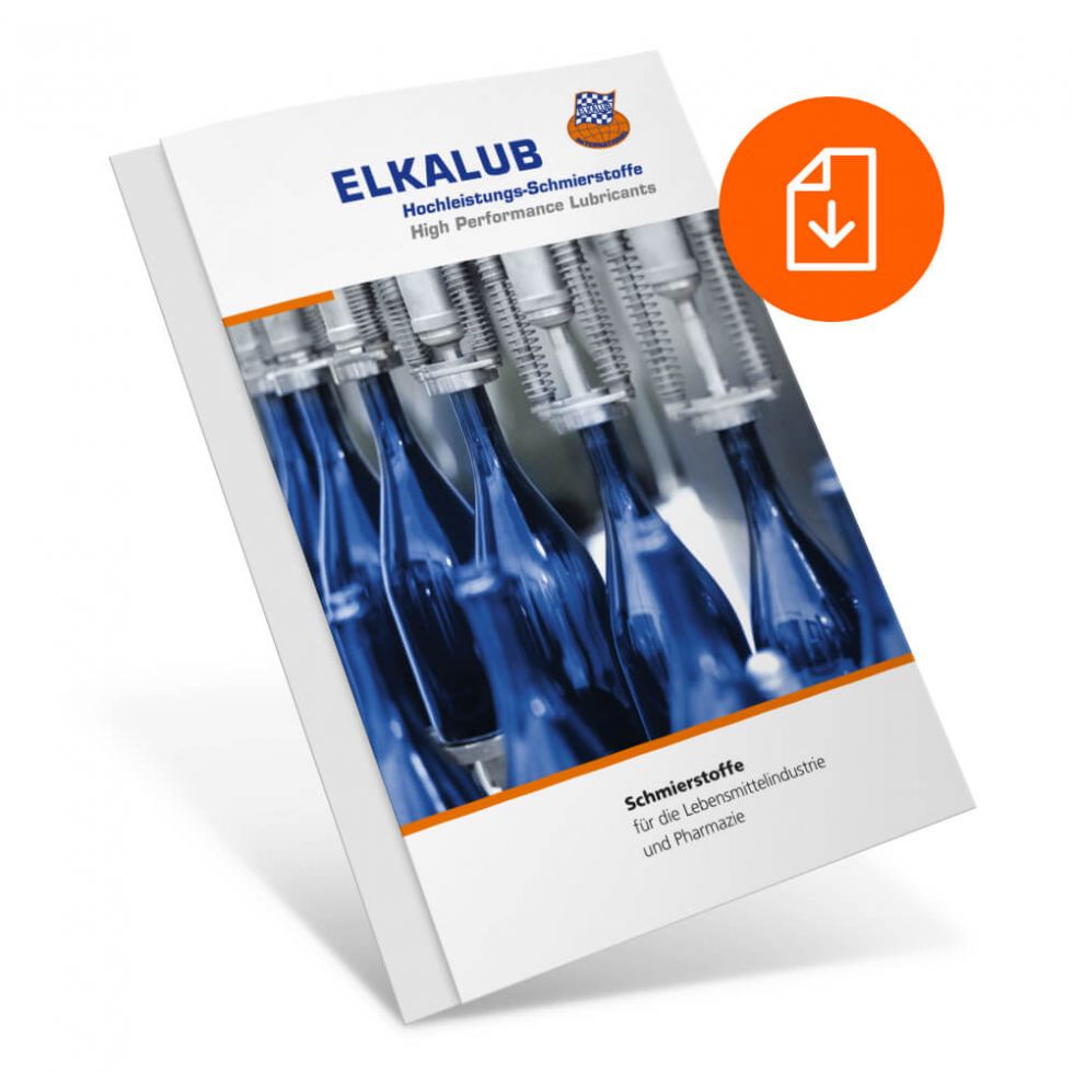 Titelblatt der Produktbroschüre „Schmierstoffe für die Lebensmittelindustrie und Pharmazie“ und ein Download-Symbol. Auf dem Titel ist eine Abfüllanlage für Flaschen abgebildet. Das ELKALUB-Logo und der Titel sind ebenfalls abgebildet.