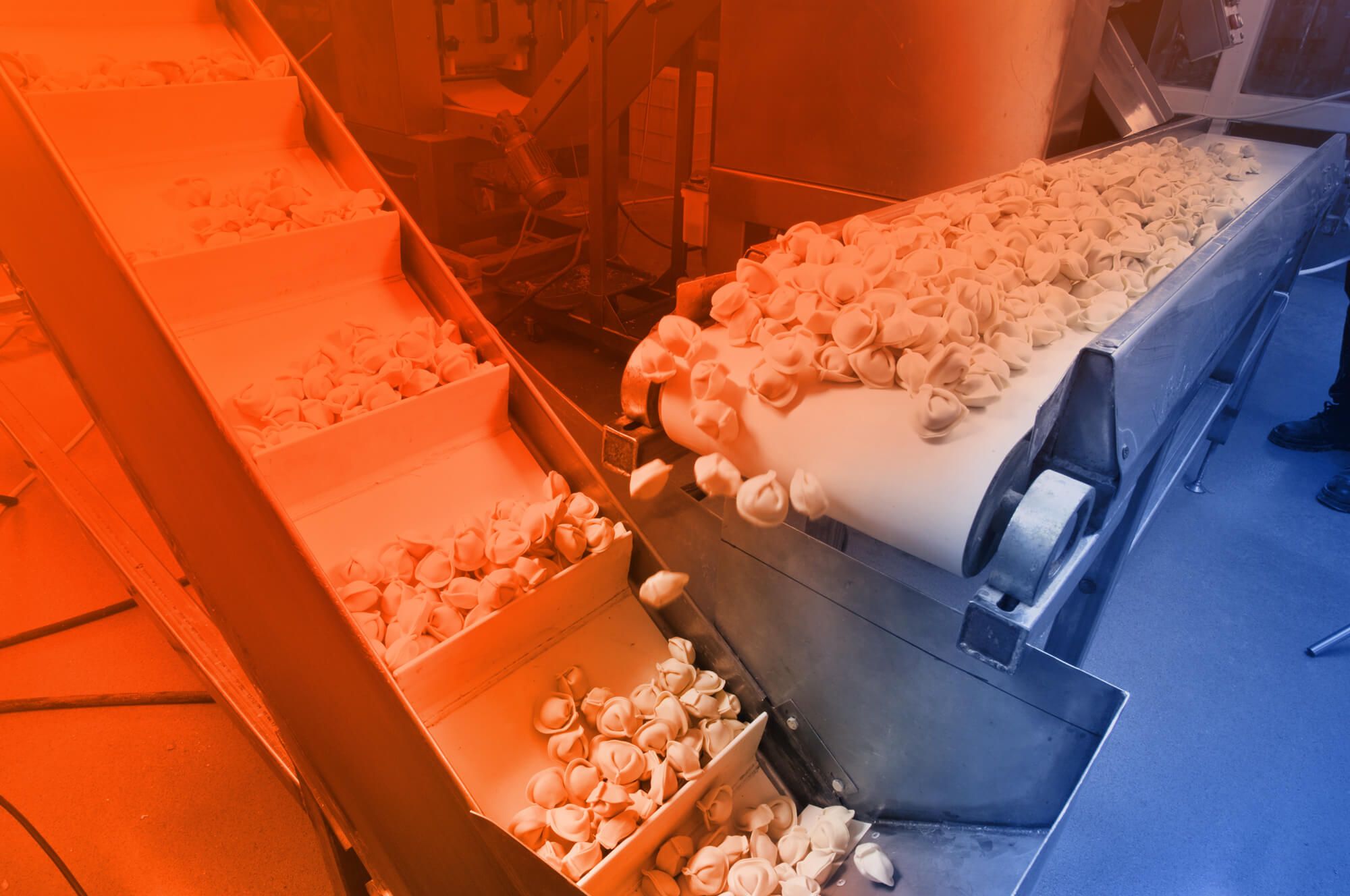 A conveyor belt transports pasta onto the dosing belt of a packaging machine.