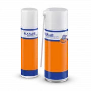 Zwei ELKALUB Spraydosen. Links steht eine 300-ml-Dose, rechts daben eine 400-ml-Dose mit Dosierkanyle.