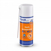 ELKALUB FLC 4010 High-tem­pe­ra­ture oil spray in an orange 400 ml spray can. A dosing dyse is attached to the white cap. An NSF and an H1-certified logo are printed on the label.