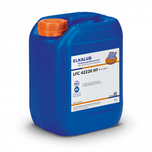 ELKALUB LFC 42220 HT high tem­pera­ture chain oil in a blue 5-liter canister. An NSF and an H1-certified logo are printed on the label.