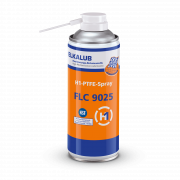 ELKALUB FLC 9025 H1 PTFE Spray in einer orangen 150-ml-Spraydose. Am Sprühkopf ist eine Dosierhilfe befestigt. Auf dem Etikett sind ein NSF- und ein H1-zertifiziert-Logo aufgedruckt.