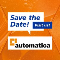 Speech bubbles with the Automatica trade fair logo and the text "Save the Date - visit us!" stand against a background of specialty lubricants