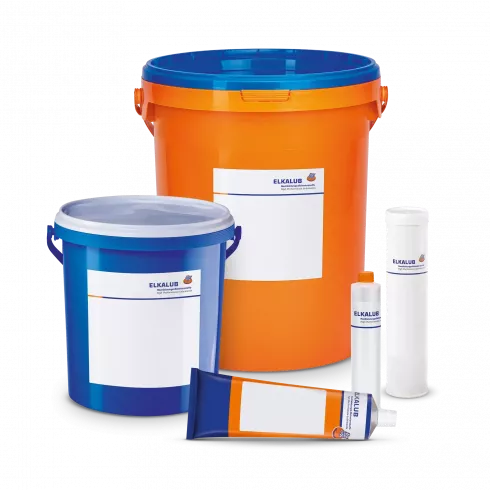 Various ELKALB containers for lubricating greases. In front is a metal tube, behind it on the left is a 5 kg bucket, on the right a 100 ml cartridge and a 400 g cartridge. In the background is a large 18 kg bucket.