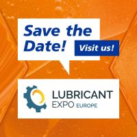 Speech bubbles featuring the LUBRICANT EXPO 2026 logo and the text “Save the Date - visit us!” are set against a background of specialty lubricants