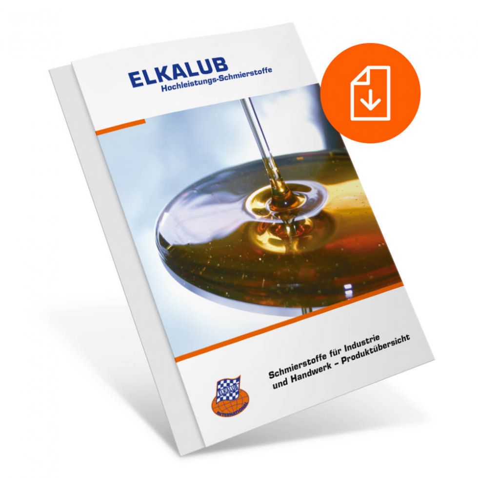 Titelblatt der Produktbroschüre „Schmierstoffe für Industrie und Handwerk“ und ein Download-Symbol. Auf dem Titel ist abgebildet, wie Schmieröl auf eine Fläche fließt. Das ELKALUB-Logo und der Titel sind ebenfalls abgebildet.