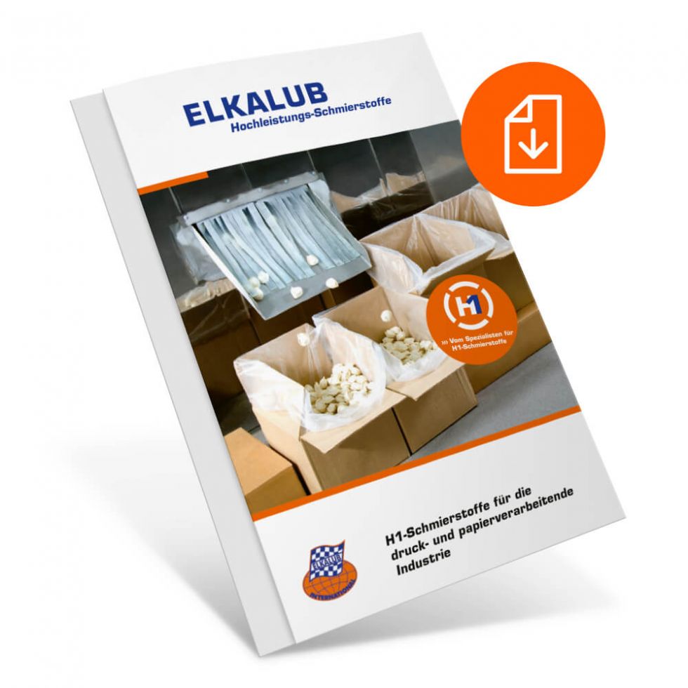 Title page of the product brochure " H1 lubricants for the print and paper-processing industry " and a download symbol. The cover shows the packaging display of a pasta machine. The ELKALUB logo and the title are also shown.
