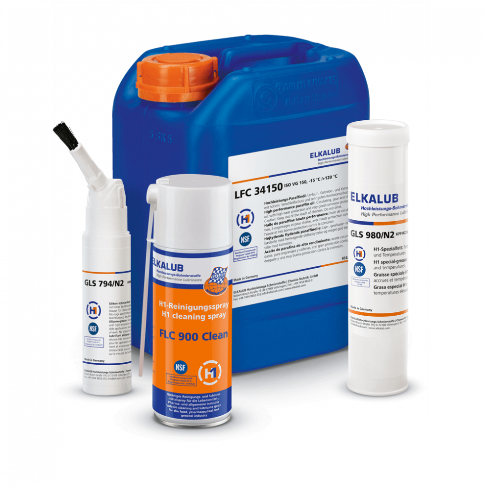 Speciality lubricants from ELKALUB tailored to the pharmaceutical industry in various containers. GLS 794/N2, FLC 900 Clean, LFC 34150, GLS 980/N2.