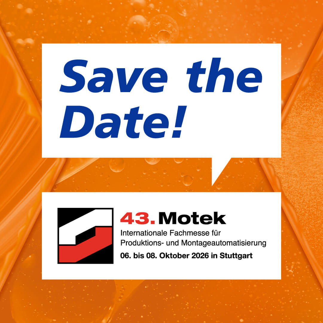 Speech bubbles featuring the Motek 2026 logo and the text “Save the Date - visit us!” are set against a background of specialty lubricants